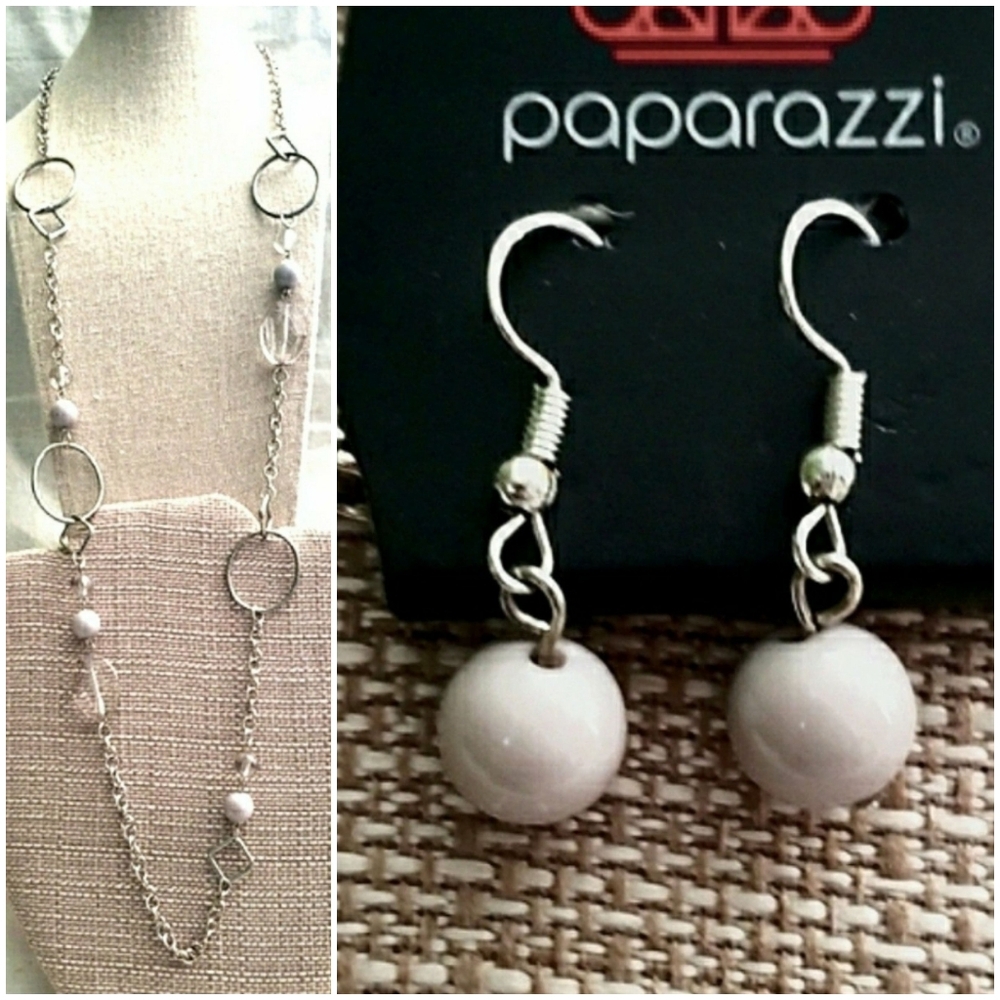 Set 2 pc Paparazzi Necklace Pierced Earrings Silver Chain Gray Clear Beads NS2